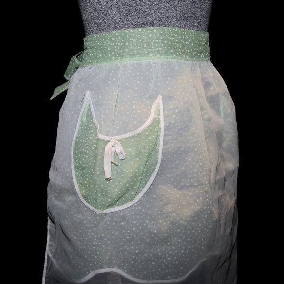Vintage 50's REVERSIBLE Green Dotted Swiss & Ivory Organza Layered Hostess Apron - Picture 6 of 9